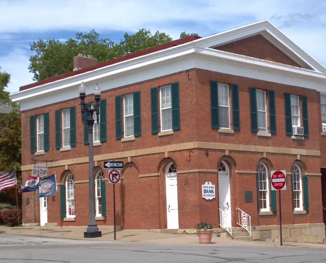 The brick Jesse James Bank Museum building on Liberty's historic square